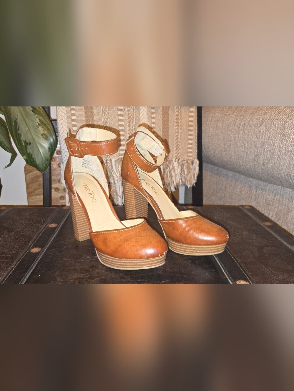 Me Too Cognac Brown Leather Ankle Strap Platform Heels